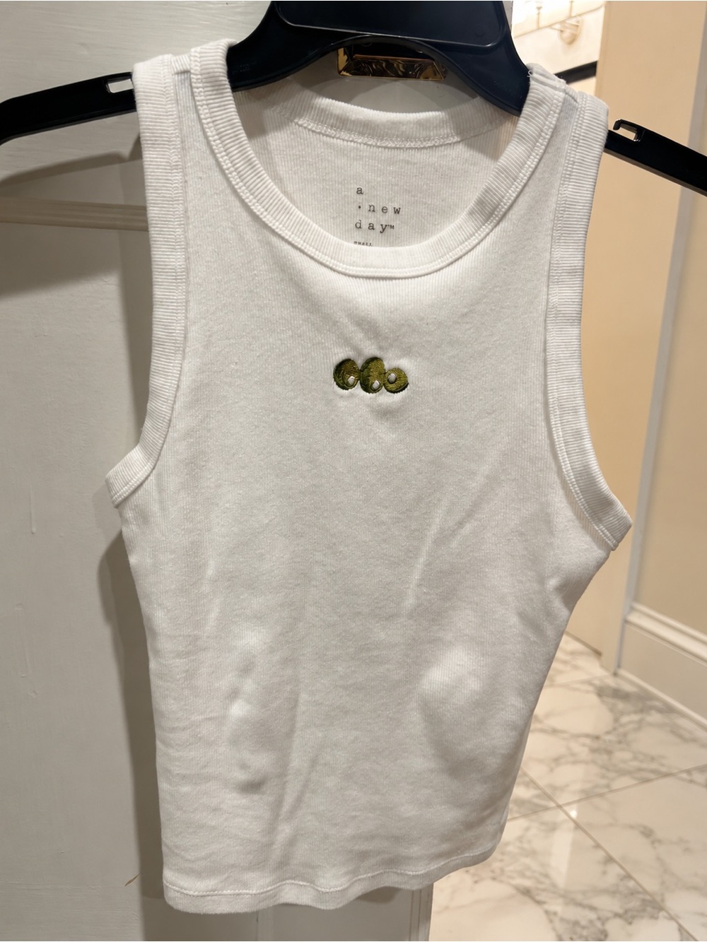 A New Day Women's White Ribbed Tank with Olive Embroidery